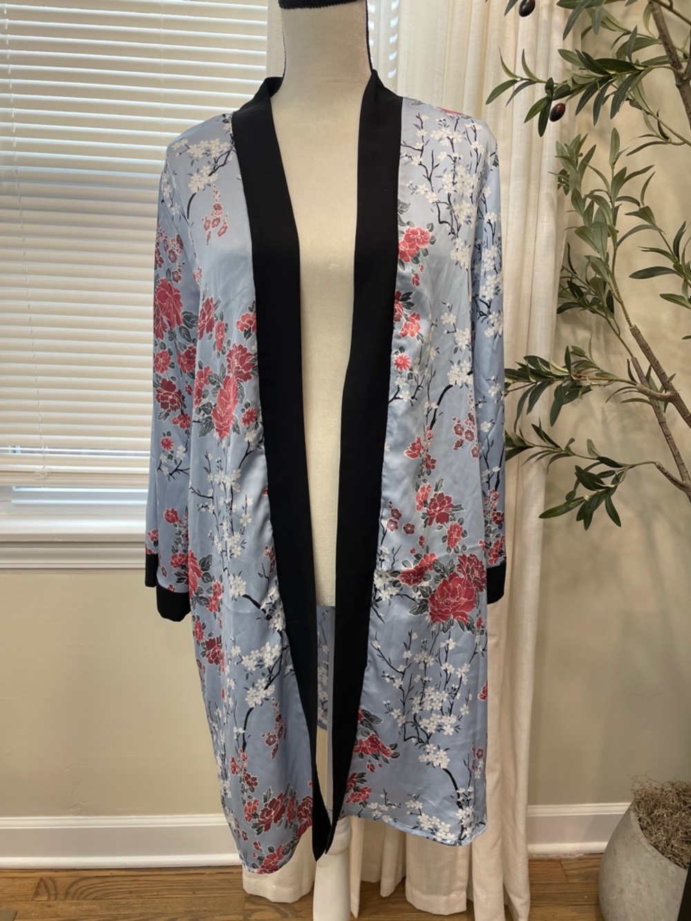 Fashion nova Cherry Blossom kimono Light Blue Floral Satin Robe with Black Trim